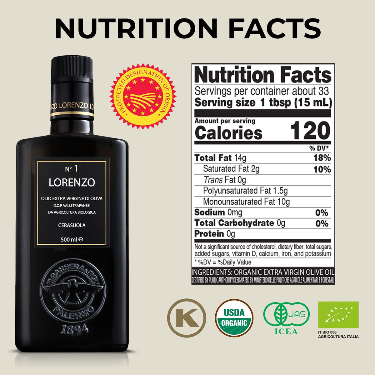 Barbera Lorenzo N° 1 Organic Extra Virgin Olive Oil PDO Valli Trapanesi, 16.9 fl oz | Premium Sicilian EVOO from Organic Cerasuola Olives | Bold Fruity Flavor & Cold-Pressed Quality
