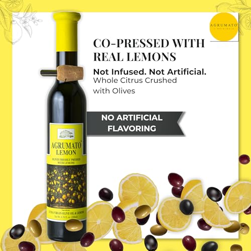 Agrumato Lemon Olive Oil, Cold Pressed Italian Extra Virgin with Fresh Citrus Peel, Small Batch Gourmet Finishing Oil for Salads Seafood Pasta Cooking, 6.76 Fl Oz