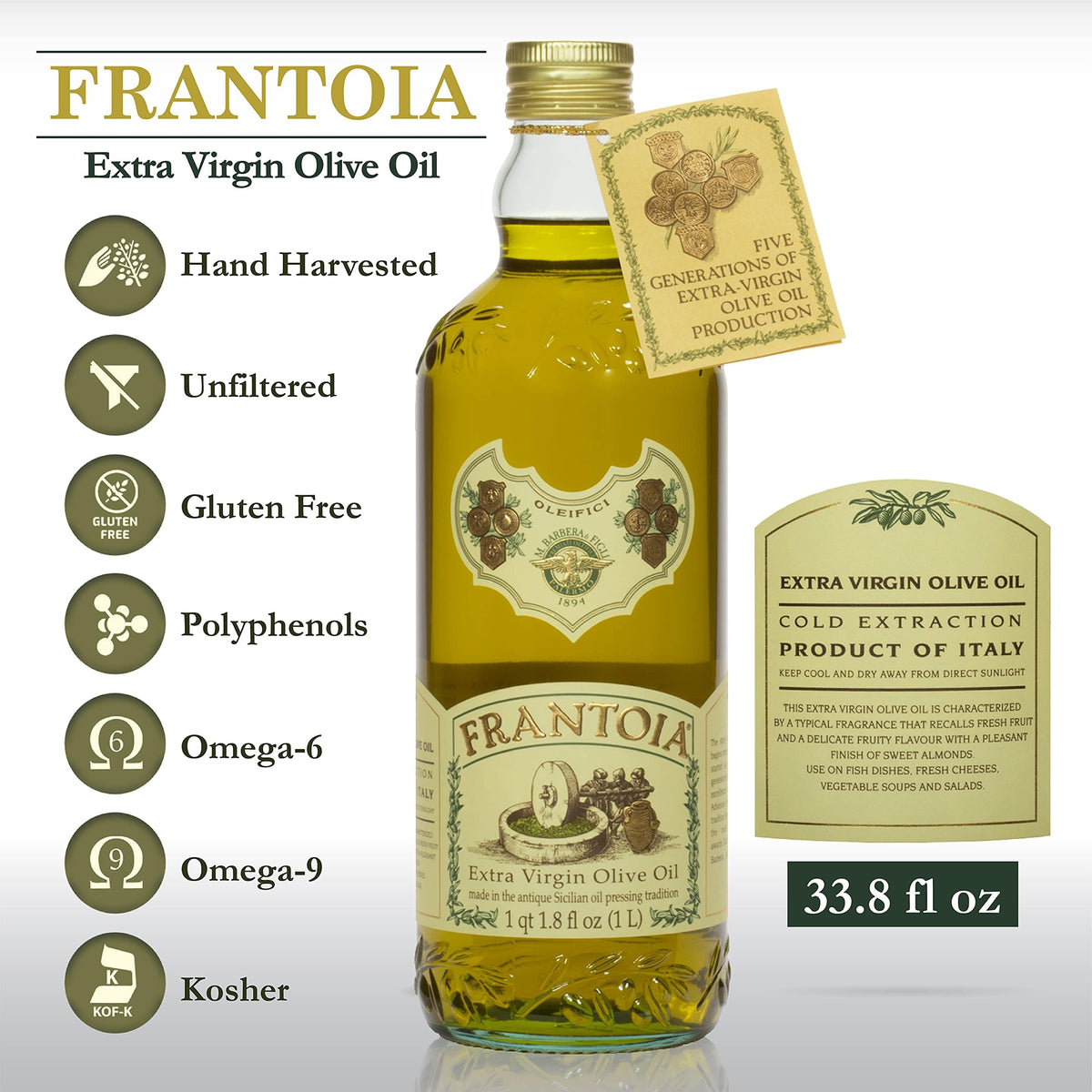 Frantoia Extra Virgin Olive Oil from Italy - Fruity, Unfiltered, Cold Extracted Authentic Sicilian Olive Oil - Fresh Harvest, Imported From Italy - 33.8 fl oz