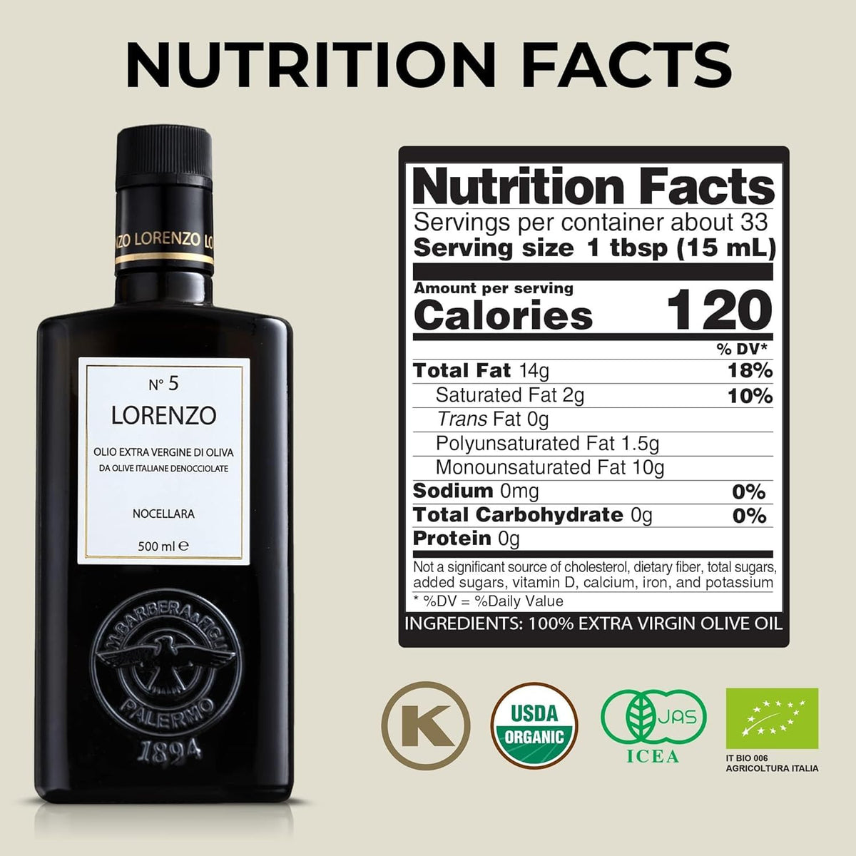 Barbera Lorenzo No. 5 Extra Virgin Olive Oil, 16.9 oz | Cold Extracted Sicilian EVOO | Fruity & Soft Nocellara del Belice Olive Flavor | Fresh Harvest Imported Olive Oil from Italy