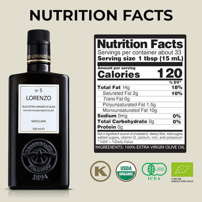Barbera Lorenzo No. 5 Extra Virgin Olive Oil, 16.9 oz | Cold Extracted Sicilian EVOO | Fruity & Soft Nocellara del Belice Olive Flavor | Fresh Harvest Imported Olive Oil from Italy