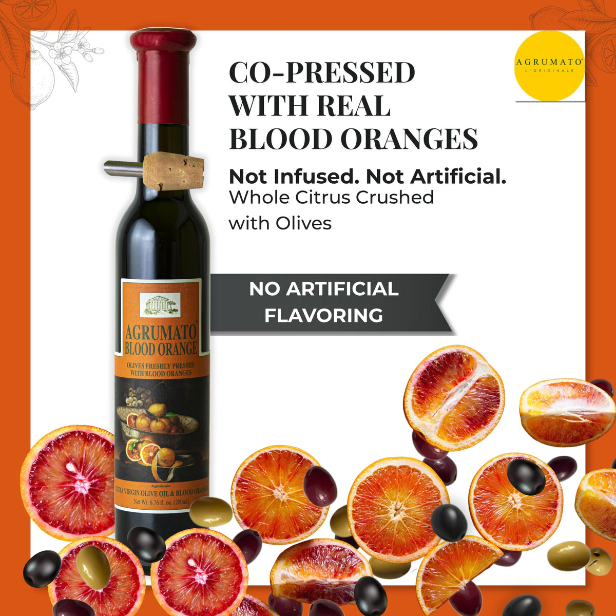 Agrumato Olive Oil, Cold Pressed Italian Extra Virgin with Fresh Citrus Peel, Small Batch Gourmet Finishing Oil for Salads Seafood Pasta Cooking, 6.76 Fl Oz