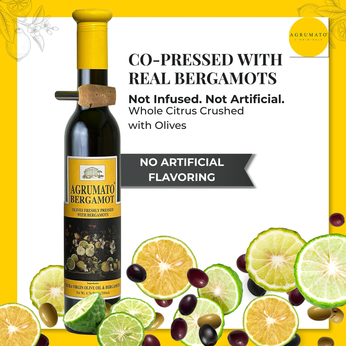 Agrumato Olive Oil, Cold Pressed Italian Extra Virgin with Fresh Citrus Peel, Small Batch Gourmet Finishing Oil for Salads Seafood Pasta Cooking, 6.76 Fl Oz